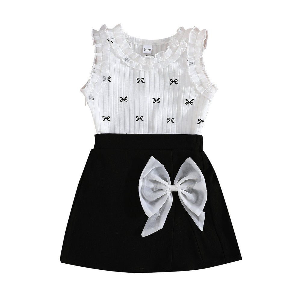 cross-border exclusive: girls' preppy style outfit - lace bow + mini skirt sleeveless dress two-piece set