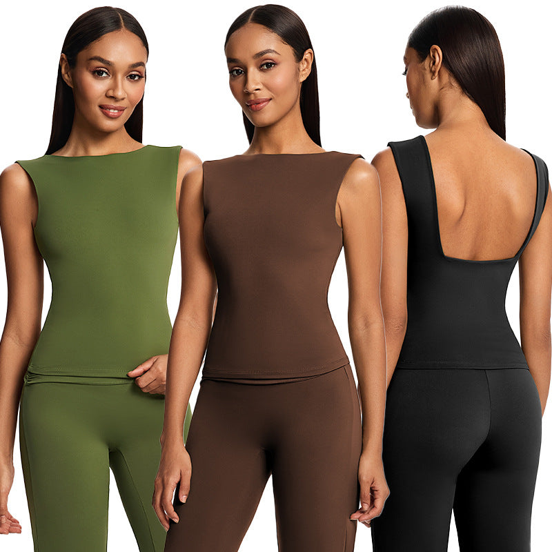 European and american cross-border casual high-waisted yoga set - open back, quick-dry, nude color activewear set for women's outdoor running and fitness
