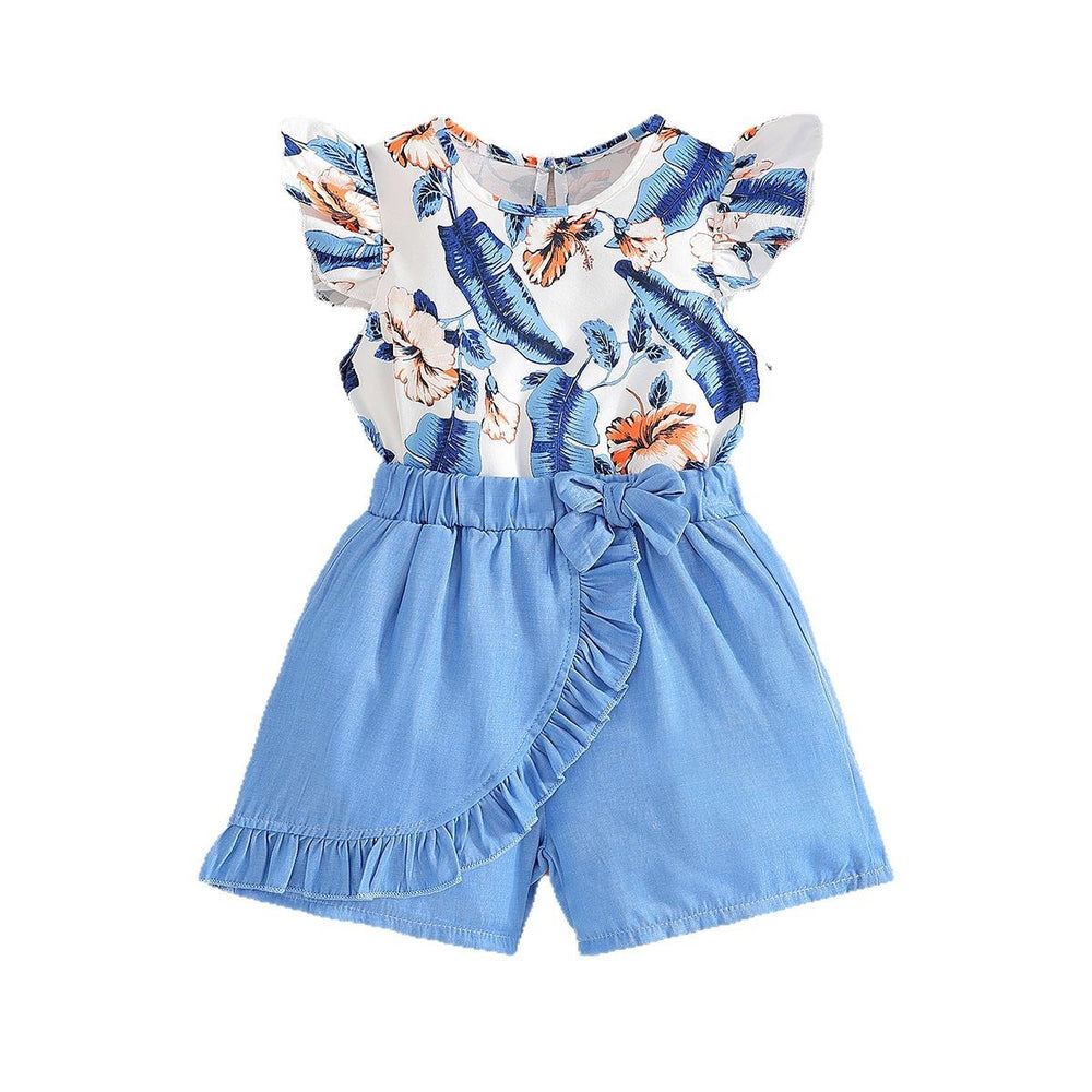 Summer girls' two-piece set: ruffle flutter sleeve printed tank top with cute lace-trimmed blue shorts - sleeveless outfit for kids