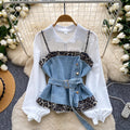 French retro leopard print two-piece set for women - spring/autumn, cinched waist, tie-up layered vest, high-end outfit