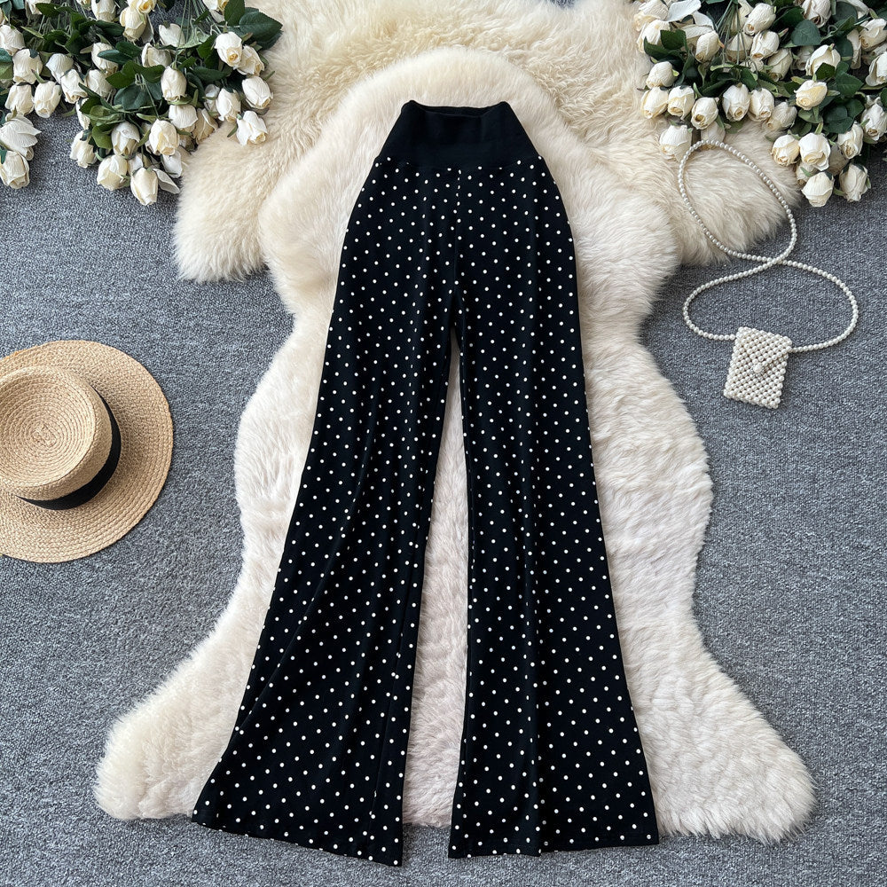 K-style high waist polka dot work clothing style casualstraight-leg pants women's summer lazy style elastic waist slimming lookelegantcasual pants