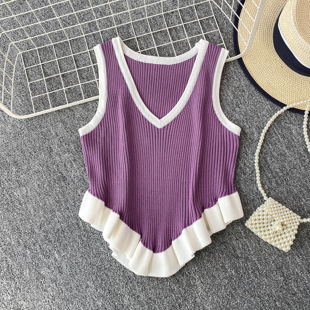 Sweet and spicy girl niche color-block v-neck sleeveless knit tank top for women,  summer new style, ruffle trim, slim fit, figure-flattering top