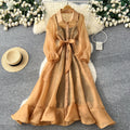 Korean style light luxury long sleeve lantern sleeve mesh dress women's summer tie-waist a-line elegant maxi dress for work