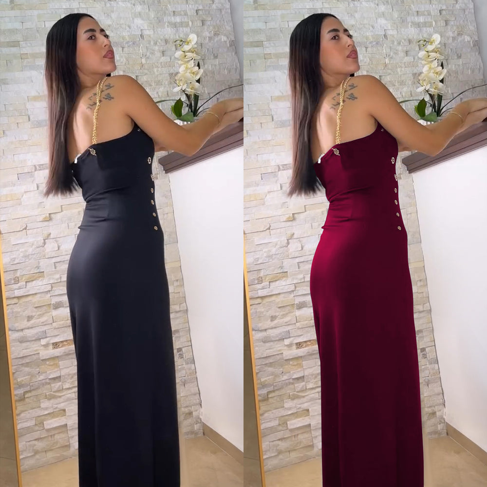 C7522 cross-border   fashion women's elegant gold chain sexy spaghetti strap slit dress