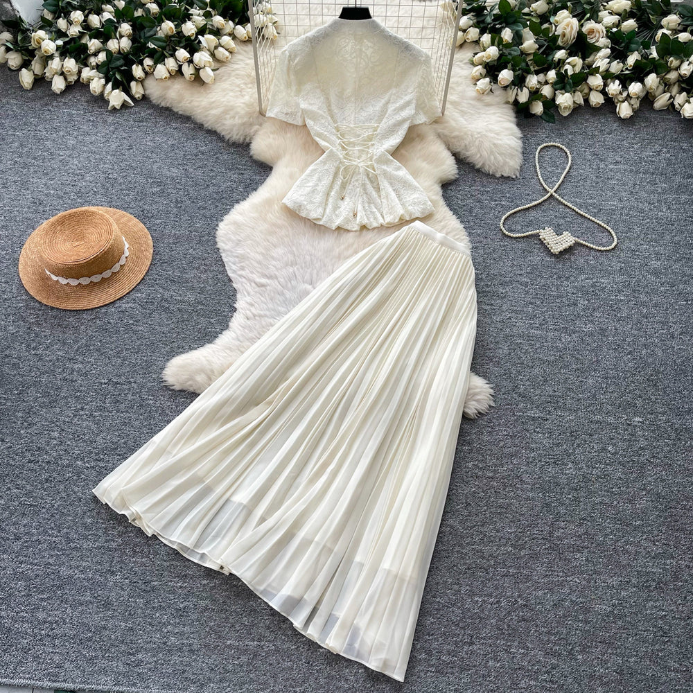 French chic v-neck lace embroidered top & high-waisted pleated skirt two-piece set - elegant & slimming summer outfit