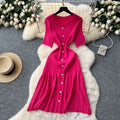 Xiaoxiangfeng fashionablefashionable round neck short-sleeved metal buckle waist knittingdress female summerslimming looksweater long skirt