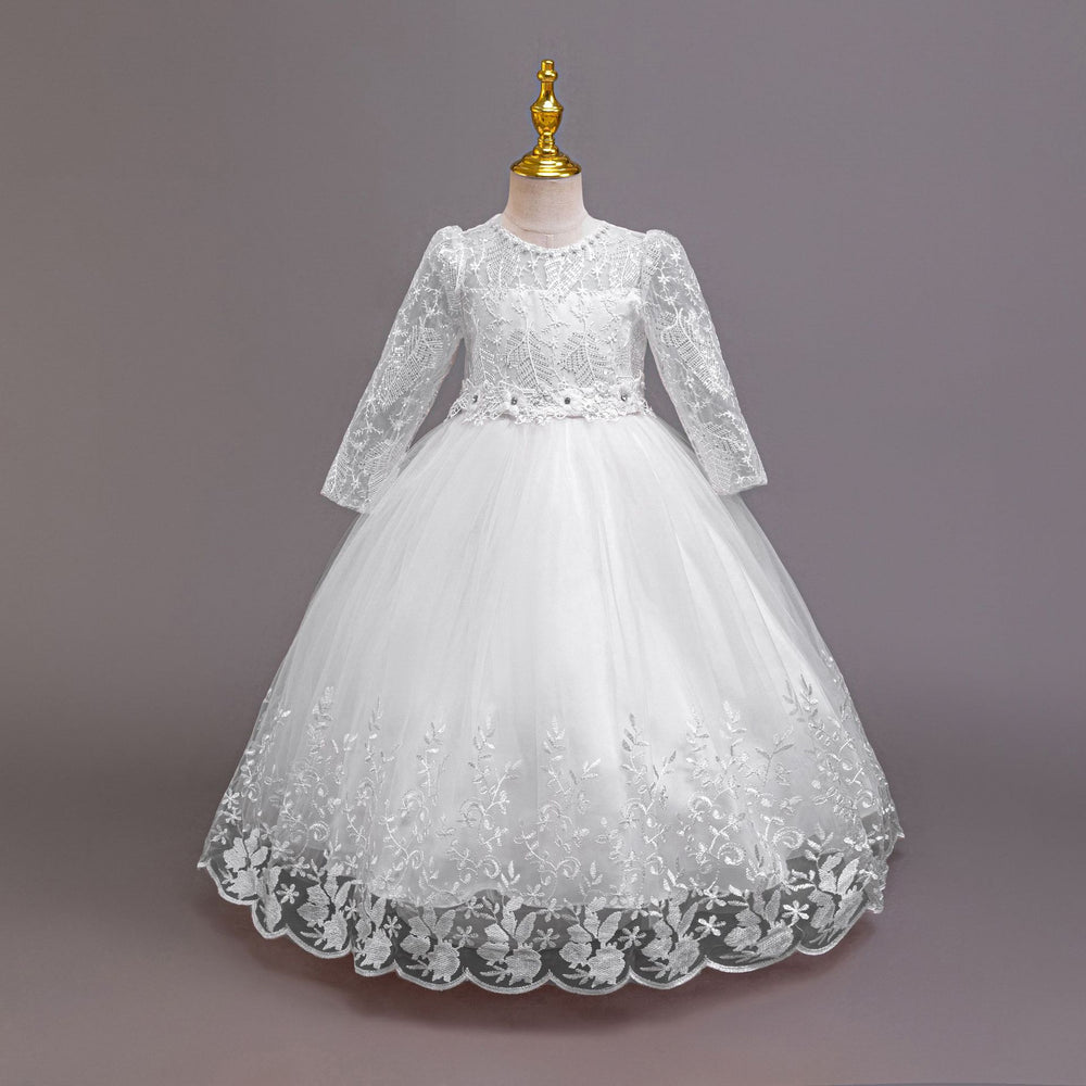 Export ready-to-ship long-sleeved children's formal dress, lace princess dress for girls, flower girl piano recital dress, girl dress