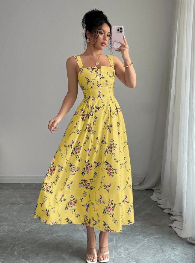 autumn european and american  cross-border e-commerce new solid color sleeveless square neck printed backless slit dress