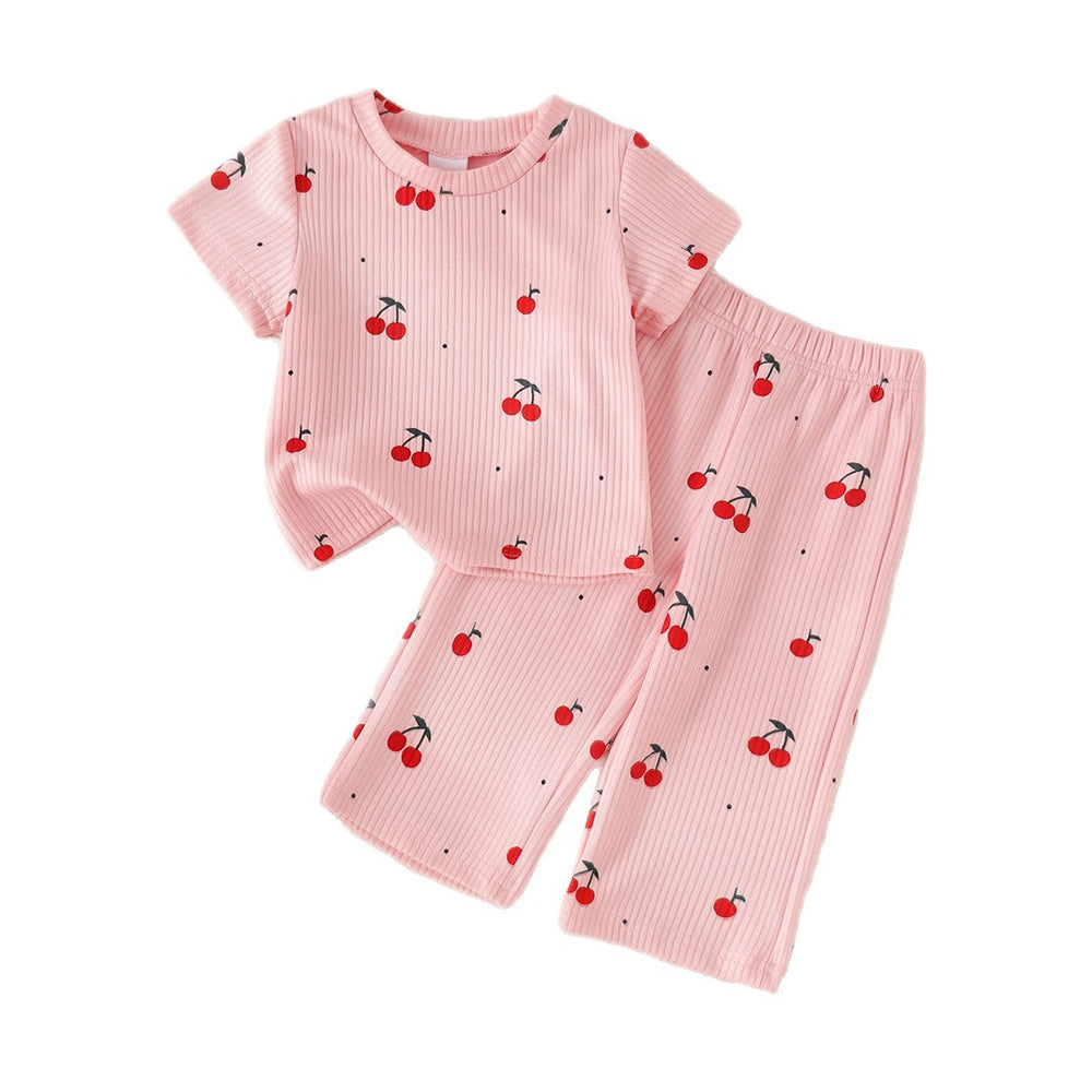 Children's clothing shein cross-border girl suit cherry pink t-shirt + pants two-piece set