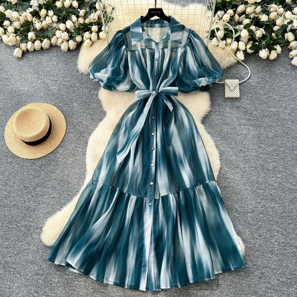Palace style niche styleclassy puff sleeve shirt dress female french strap waist printing large swing long skirt