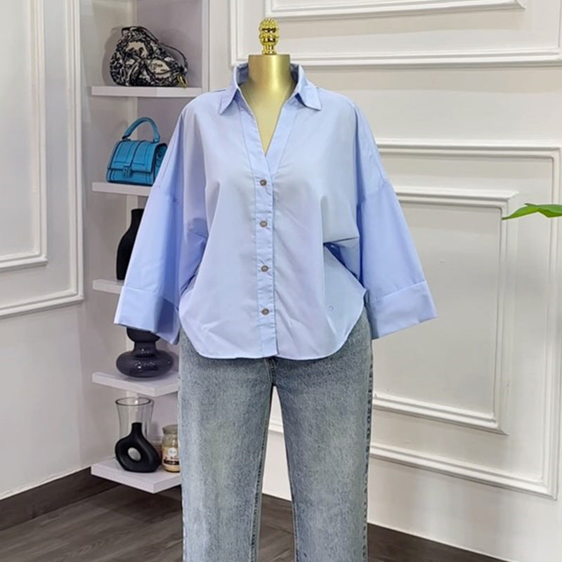 European and american cross-border women's fashion:  summer new arrival - stylish turn-down collar, loose fit, unique design, niche casual shirt top