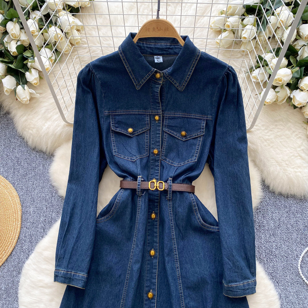 European and american retro style polo collar denim dress - women's winter belted slimming single-breasted design elegant maxi dress