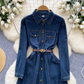European and american retro style polo collar denim dress - women's winter belted slimming single-breasted design elegant maxi dress