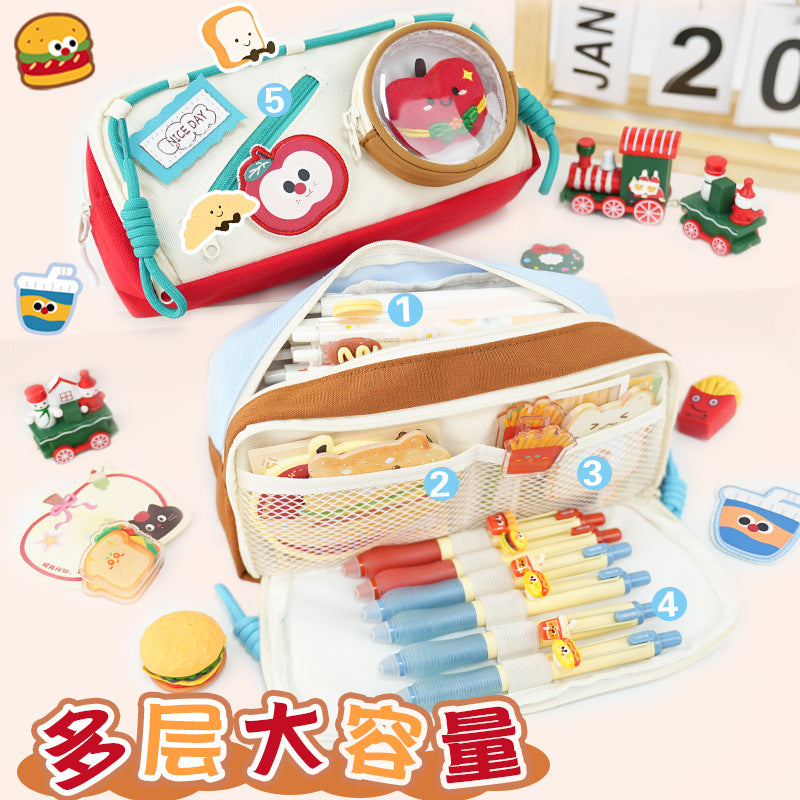 2025 Pain bag pencil bag New girls niche cute high-value burger Large capacity stationery box DIY stationery bag