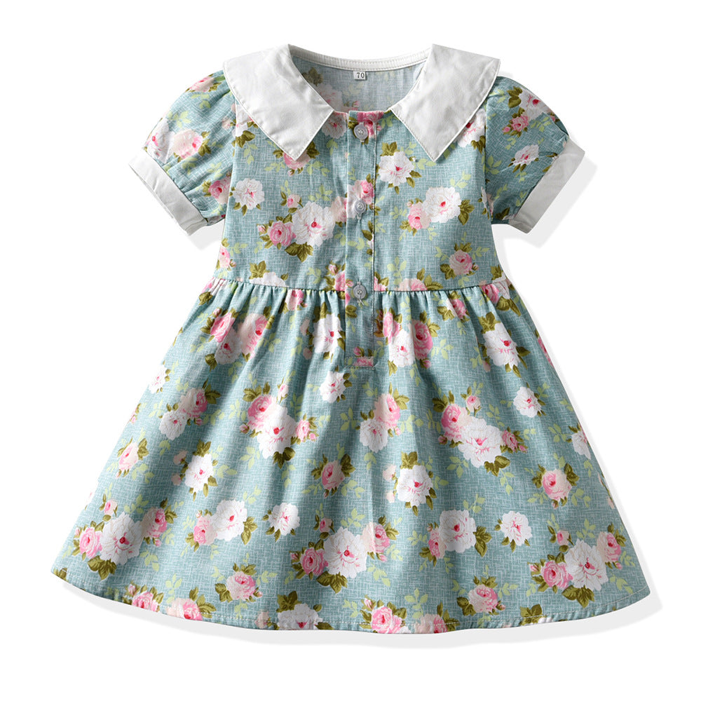 Girls' floral print cotton dress with straw hat - vintage-inspired, chic, and sweet