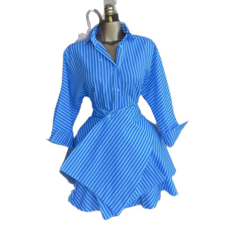 European and american style women's clothing  autumn new collection: sweet and fresh striped turn-down collar long sleeve high-waisted slimming a-line shirt dress skirt
