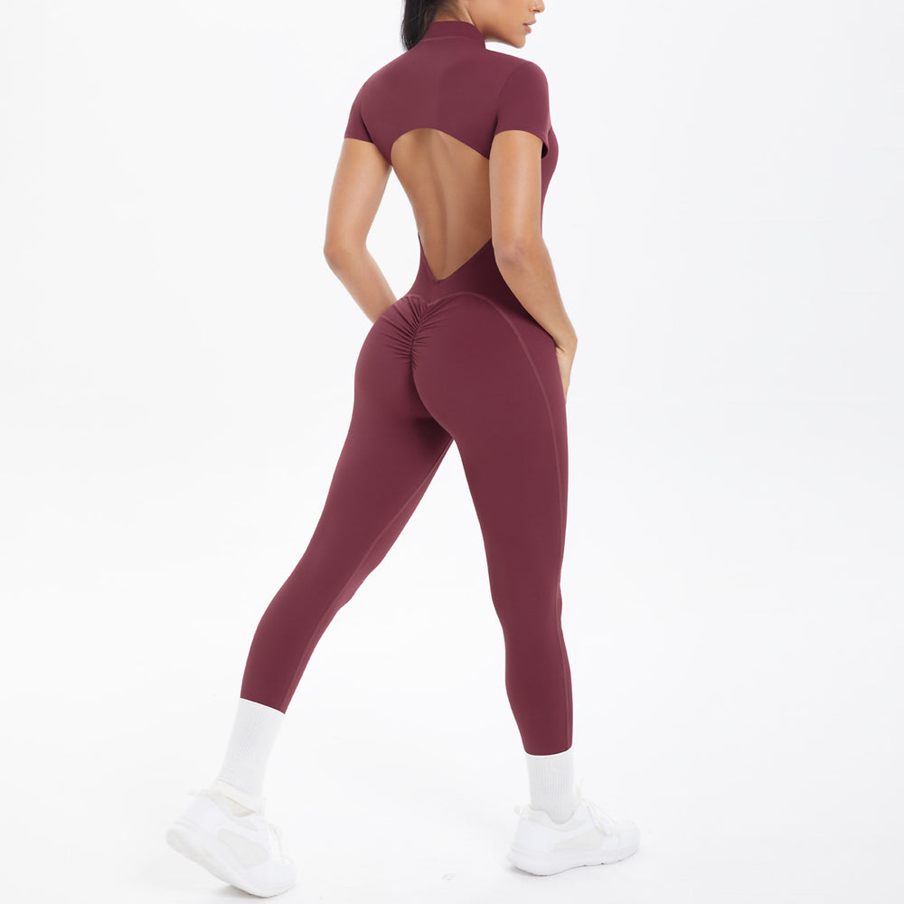New arrival cross-border fashion tight back cut out short-sleeved pants jumpsuit sports running fitness jumpsuit yoga clothes