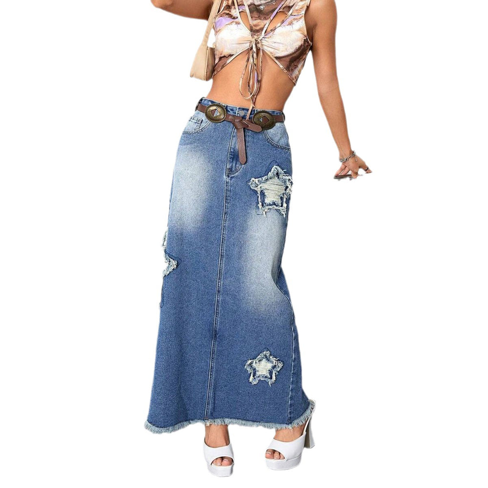 Export denim skirt new arrival hot-selling raw edge washed skirt slit star denim skirt