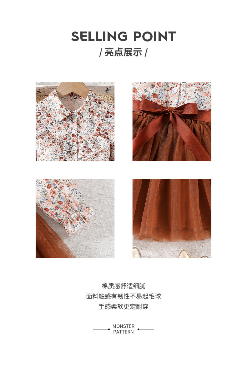 girl two-piece set pastoral small floral bows belt ruffles neckline cute kids gauze skirt
