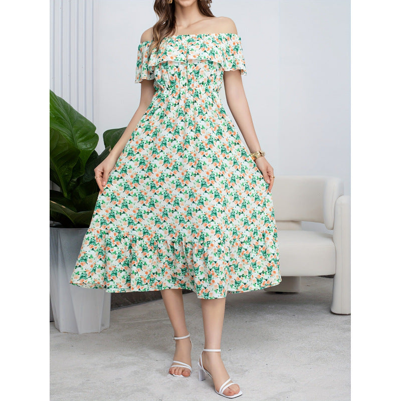 listing: new  women's original elegant ruffle off-the-shoulder printed dress