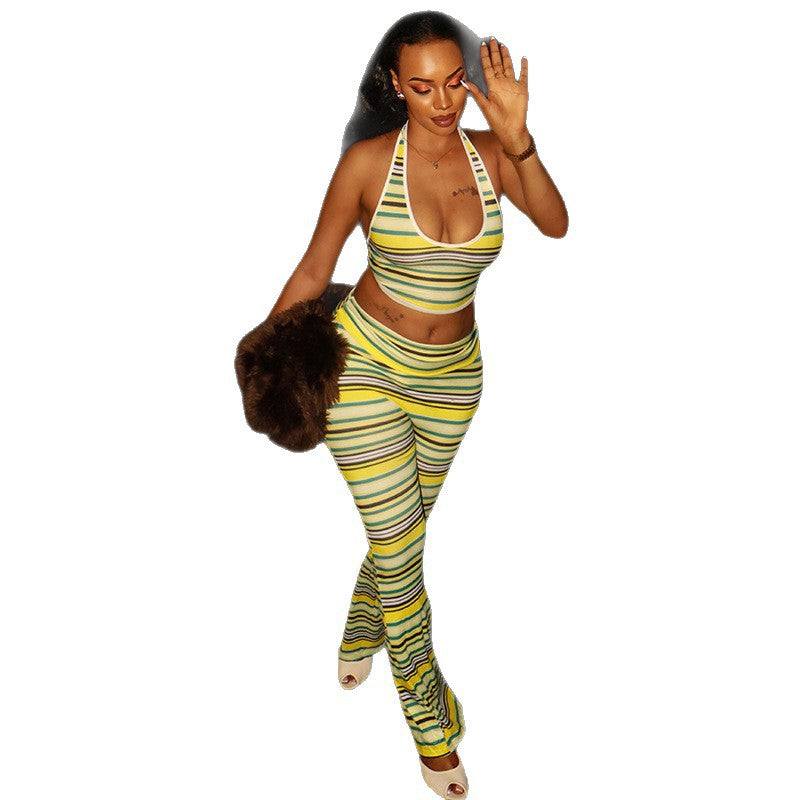 European and american style ins foreign trade color block stripesd women's printed pants suitcrop top hip hanging neck u-neck sleeveless two-piece set