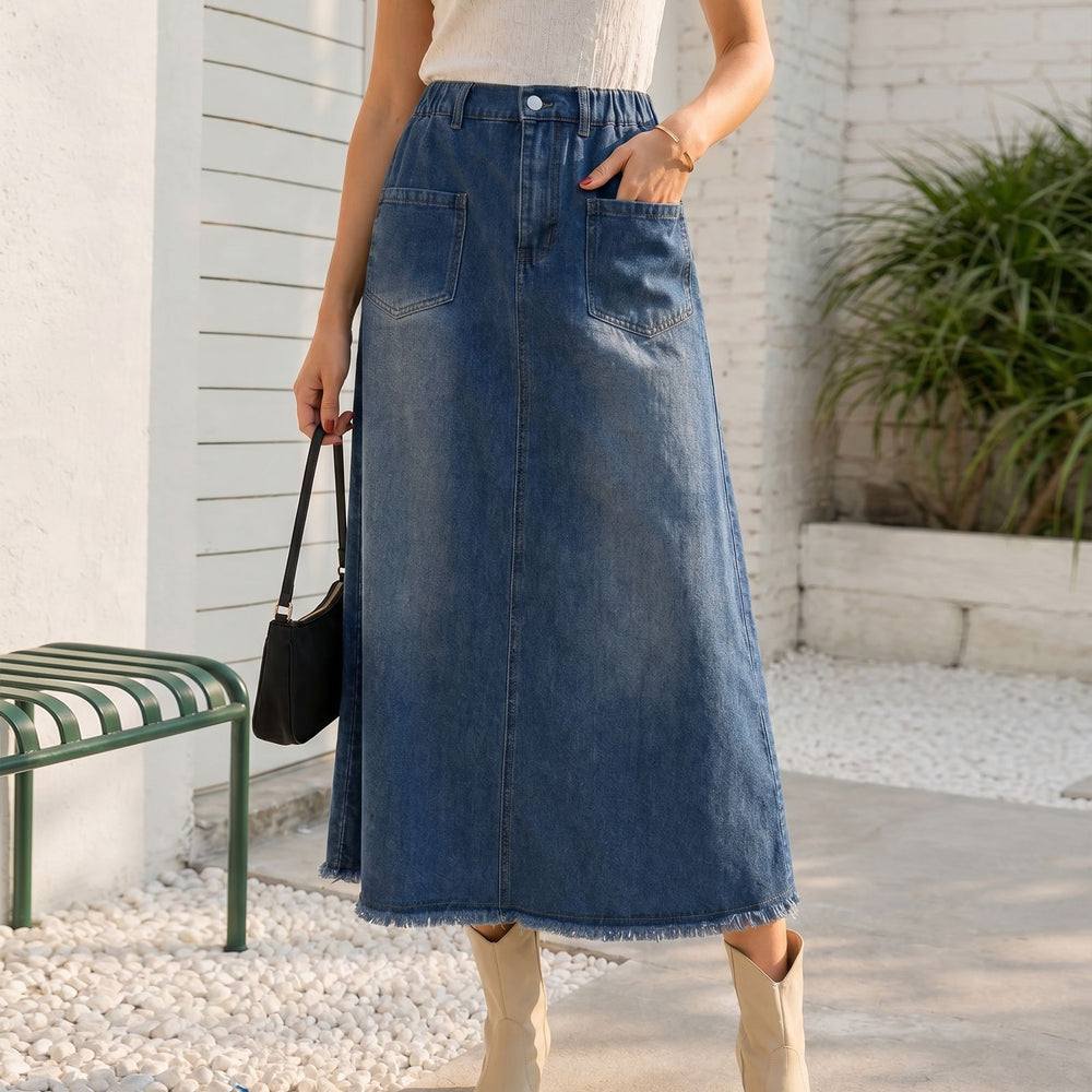 Fashion cross-border export  washed double flap pocket pants elastic waist raw edge hem slimming look street versatile skirt