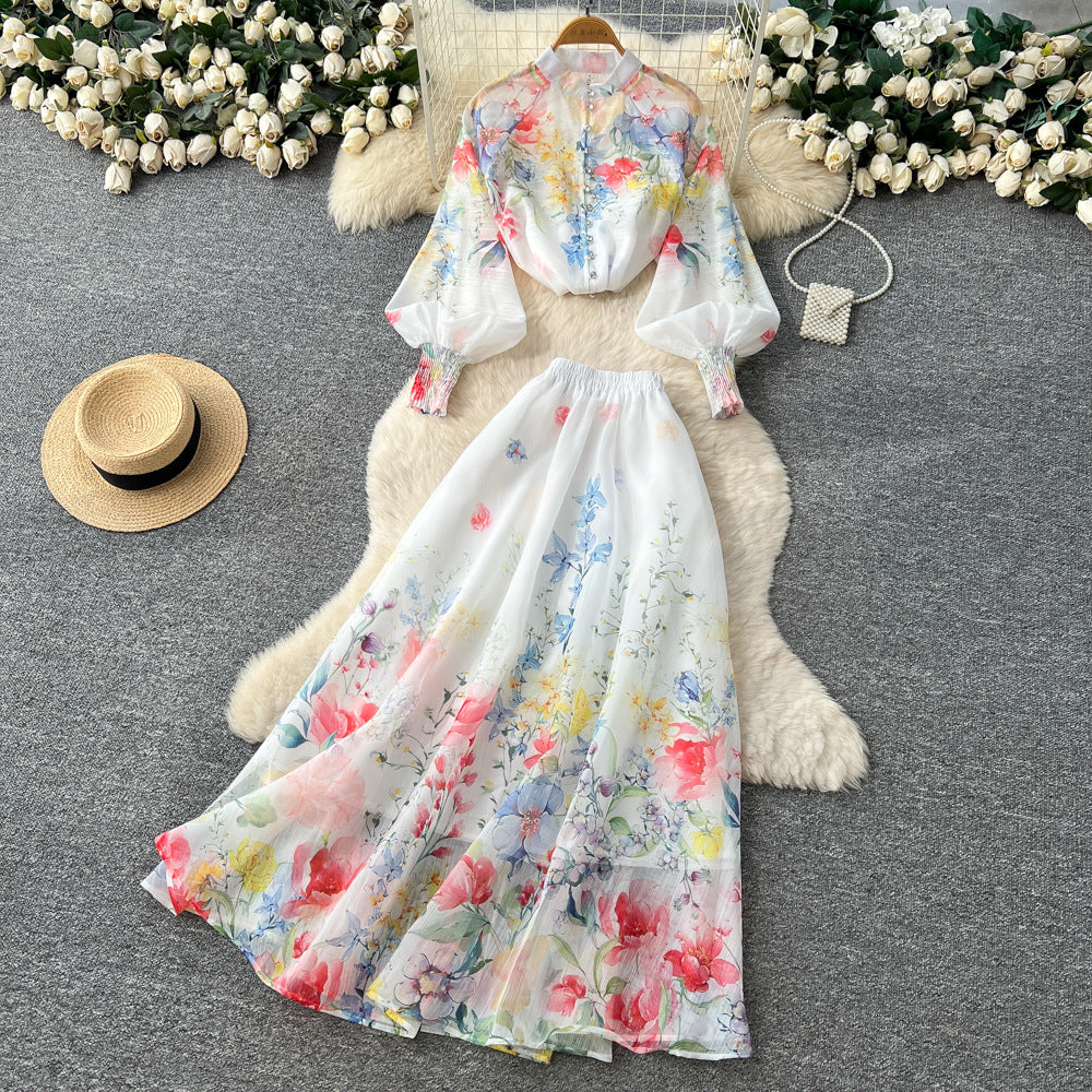 French romantic floral print lantern sleeve blouse and high-waisted midi skirt two-piece set - autumn chic, socialite style