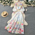 French romantic floral print lantern sleeve blouse and high-waisted midi skirt two-piece set - autumn chic, socialite style