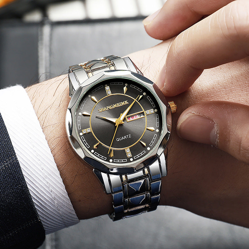 Wholesale men's watches: premium, cross-border, luminous, waterproof, dual calendar, rivet steel band quartz watch ⌚ - cross-border watch