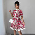 cross-border printed short-sleeve dress - women's tie-waist, single-breasted, mid-length shirt dress