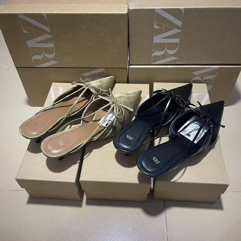 Za2024autumnew arrivalbows pointed toe high heels women's cat heel mules shoes not tired feet elegant toe cap sandals