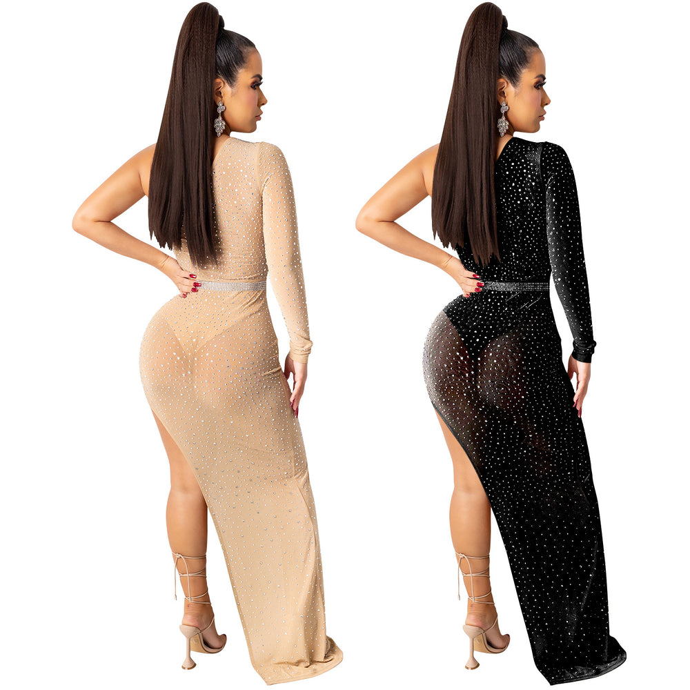 X5028 cross-border autumn/winter new arrivals: european and american style sexy nightclub dress - mesh see-through asymmetrical maxi dress for women