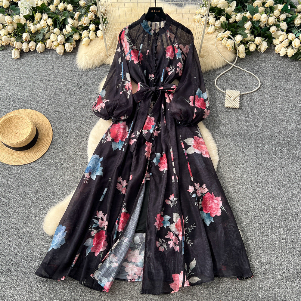 French court style dress - women's autumn  - high-end fashion, tie-waist, lantern sleeves, single-breasted long dress