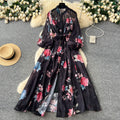 French court style dress - women's autumn  - high-end fashion, tie-waist, lantern sleeves, single-breasted long dress