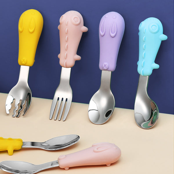Spoon and fork silicone baby tableware baby learn to eat spoon stainless steel 304 fork children's hardware 316 set