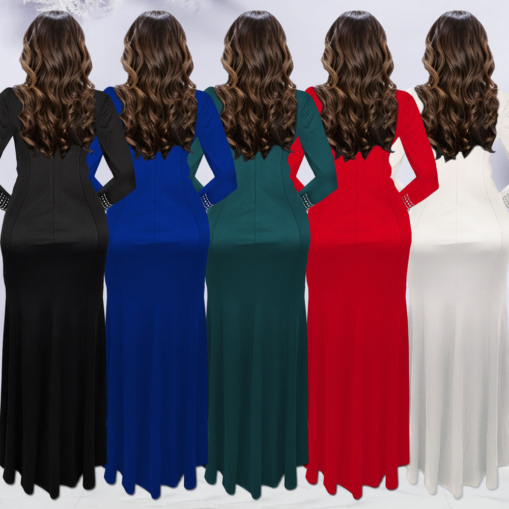 C7270 cross-border   fashion women's elegant slim-fit sleeveless rhinestone solid color dress