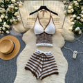 Sexyv neckknitting vest women's summer hot girl style tie backshortstwo-piece set holiday styleelegantsuit