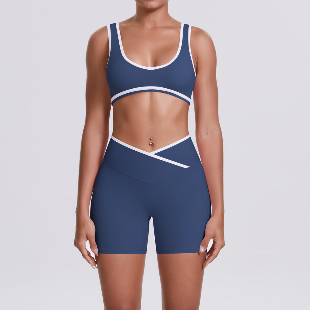 Cross high waist sports suit women's contrast color nude tight yoga clothes quick-drying breathable outdoor running fitness suit