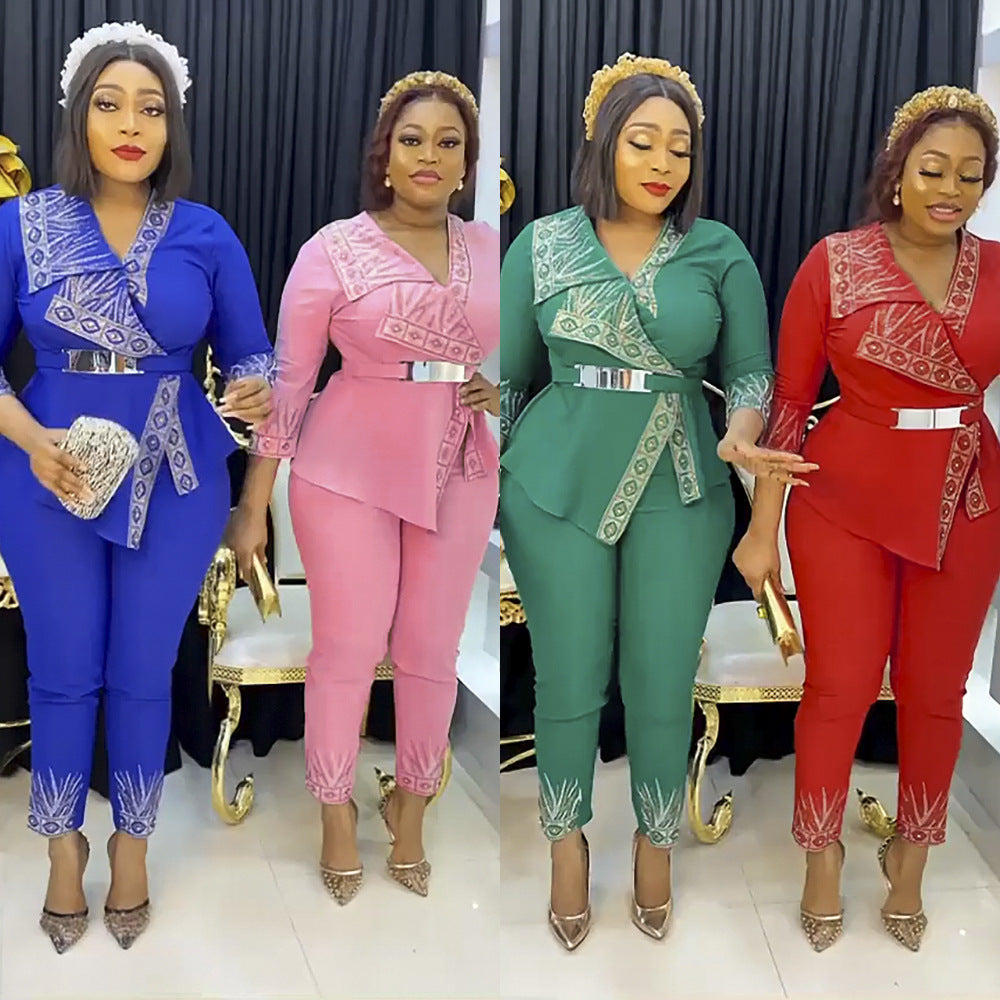African   new arrival  hot diamond beaded tops pants waist two-piece set olwork clothing women's clothing