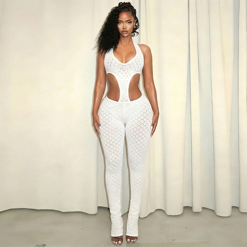 nightclub style sexy hot girl pure color see-through silmslimming lookknitting deep v jumpsuit one-piece jumpsuit
