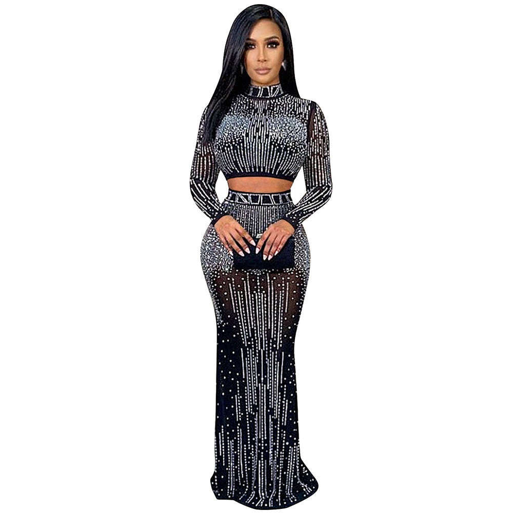 X5379 cross-border new arrival:  european and american fashion sexy nightclub women's mesh see-through long sleeve maxi dress two-piece set
