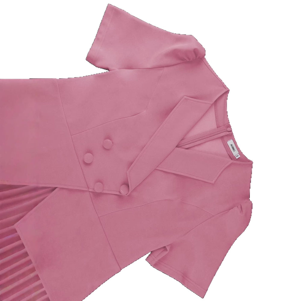 New arrival cross-border work clothingdress lapel short sleeve design double breasted decoration pleated skirt pleateddres