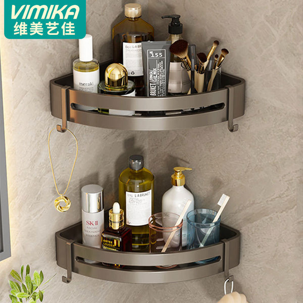Vimeijia, non-punching space aluminum bathroom pendant, double-layer triangular basket storage rack in the corner of the bathroom