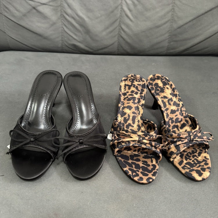 Spain 2024 spring new one-strap open-back trf slippers mesh fabric bowknot decor high heel sandals