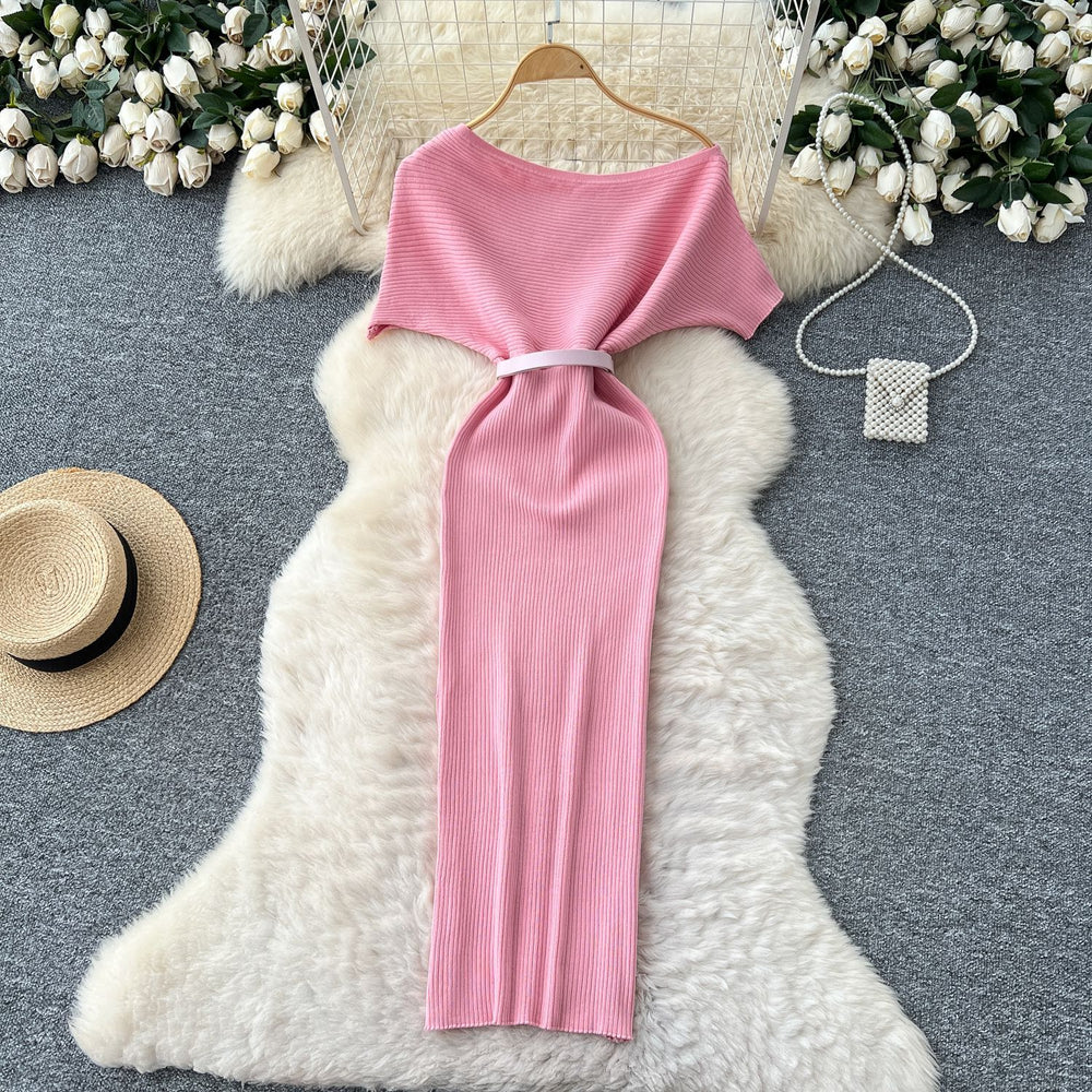 Minimalist asymmetrical neck knit dress - women's autumn slim fit, figure-flattering, slit design, unique and chic, long dress for the modern woman