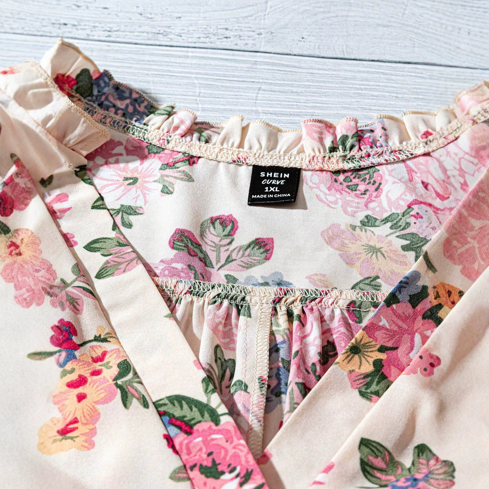 Export plus size casual floral shirt with fungus edge neckline and straps v neck full-width flower printing short-sleeved snow