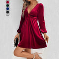 european and american women's clothing  fall/winter new sexy v-neck cinched waist a-line long sleeve party velvet dress