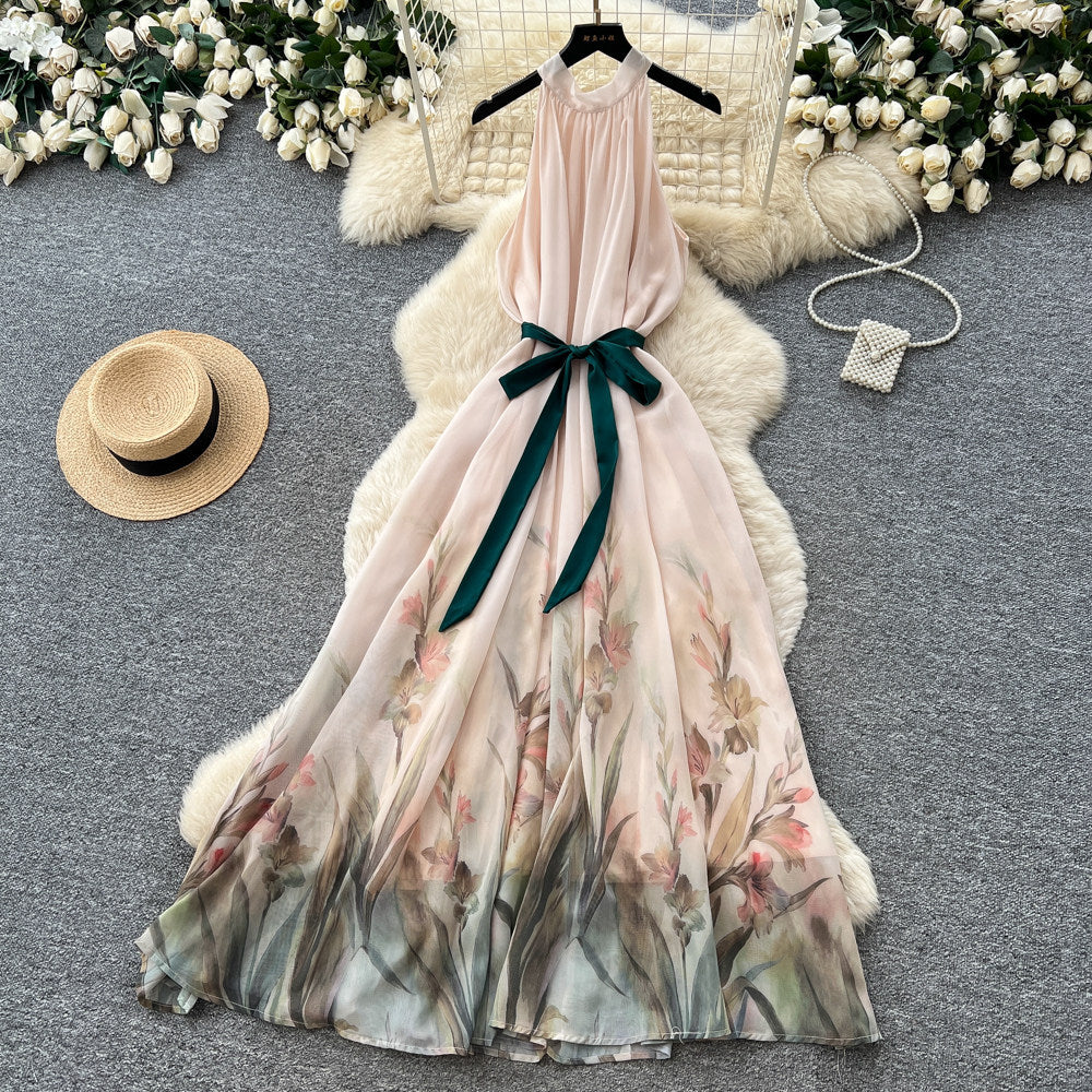French riviera style halter sleeveless dress - women's summer cinched waist slimming tiered ruffle cake dress