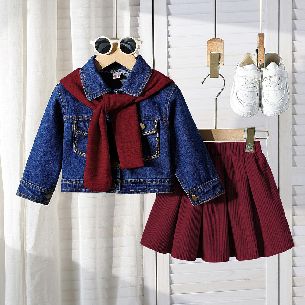 early spring/autumn new denim jacket with knitted shawl, kids' high-waisted cropped denim set