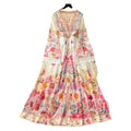 Palace style dress for women  spring fashion european and american socialite deep v neck bell sleeves waist buttoned printing long skirt